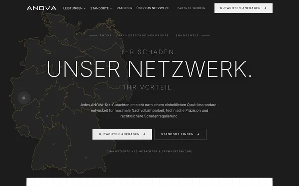 Website der ANOVA Sachverständigengruppe mit ihrem Standortnetzwerk